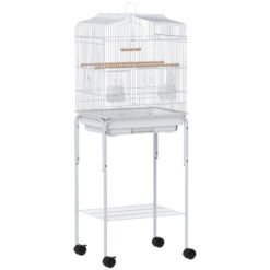 PawHut Bird Cage Budgie Cages for Finch Canary Parakeet with Stand Wheels Slide-out Tray Accessories Storage Shelf, White
