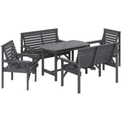 Outsunny 5 Piece Wooden Garden Dining Set for 6, Outdoor Conversation Set with 2 Armchairs, 2 Loveseats and Dining Table with Umbrella Hole for Patio, Balcony, Grey