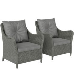 Outsunny Rattan Garden Chairs Set of 2, Outdoor Rattan Chairs with Cushions, Armrests and High Back, PE Wicker Garden Armchair with Steel Frame for Balcony, Porch, Dark Grey