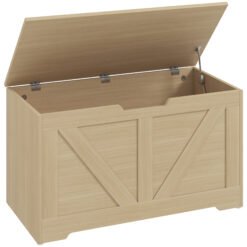 HOMCOM 100L Home Storage Box, with Safety Hinges - Natural Wood Finish