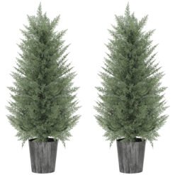 HOMCOM 90cm Artificial Cypress Trees Set of 2, UV Resistant Artificial Plants with Decorative Pot, Fake Plants for Indoor Outdoor Decor, Green