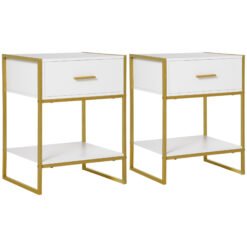 HOMCOM Bedside Table Set of 2, Modern Side Tables with Drawer and Shelf, Nightstands for Bedroom, White