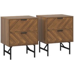 HOMCOM Bedside Table Set of 2 with 2 Drawers, Modern Side Tables with Herringbone Pattern and Metal Legs for Bedroom, Living Room, Walnut Brown