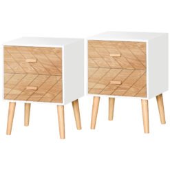 HOMCOM Bedside Table Set of 2, Modern Bedside Cabinets with Drawer and Pine Wood Legs, Nightstand for Bedroom, White and Natural