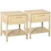 HOMCOM Bedside Table Set of 2 with Rattan Drawer, Rustic Side Tables with Storage Shelf for Bedroom, Living Room, Natural
