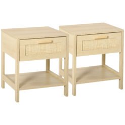 HOMCOM Bedside Table Set of 2 with Rattan Drawer, Rustic Side Tables with Storage Shelf for Bedroom, Living Room, Natural