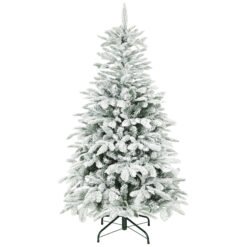 HOMCOM 5 ft Artificial Flocked Christmas Tree with 717 Branches, Hinged Xmas Tree with Foldable Metal Stand, Easy Assembly for Home Office Decor