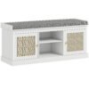 HOMCOM Boho Shoe Storage Bench with Padded Cushion and Rattan Doors - White