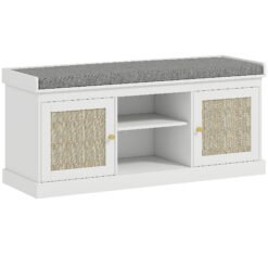HOMCOM Boho Shoe Storage Bench with Padded Cushion and Rattan Doors - White