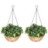 HOMCOM Pack of 2 Faux Plant Artificial Lisianthus Flowers, Hanging Planters with Basket, PE Leaves, 18 Flowers and 3 Pinecones, Decorative Faux Plants for Home Office Decor, Green