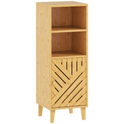HOMCOM Slim Bathroom Cabinet with Bamboo Door and Legs, Narrow Bathroom Storage Cabinet, Freestanding Storage Cupboard with Open Compartments, 32 x 30 x 90 cm, Natural Wood Finish