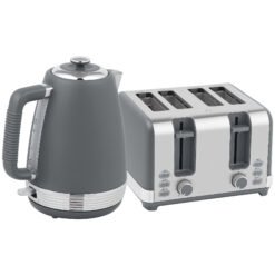 HOMCOM Stainless Steel Kettle and Toaster Set, 1.7L 3000W Rapid Boil Jug Kettle with UK Strix Thermostat, Limescale Filter, 4 Slice Toaster with 7 Browning Controls, Crumb Tray, Grey and Silver Tone