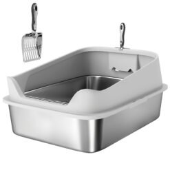 PawHut XXL Stainless Steel Cat Litter Box with High Sides, Metal Scoop, 70 x 50 x 30 cm