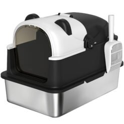 PawHut Panda Style XL Stainless Steel Cat Litter Box with Lid, Enclosed Kitty Litter Box with Scoop, 60 x 40 x 45 cm