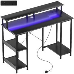 HOMCOM LED Computer Desk, with Power Outlets and Shelves - Carbon Fibre Grey
