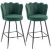 HOMCOM Set of Two Velvet-Feel Lotus Bar Stools - Dark Green