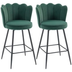 HOMCOM Set of Two Velvet-Feel Lotus Bar Stools - Dark Green