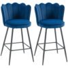 HOMCOM Set of Two Velvet-Feel Lotus Bar Stools - Dark Blue
