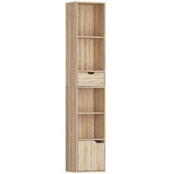 HOMCOM 6-Tier Bookcase, Tall Narrow Bookshelf with Drawer and Door - Natural Wood Finish