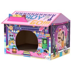PawHut 2 in 1 Gaming Style Cardboard Cat House with Scratching Board & Catnip for Indoor Cats, Pink