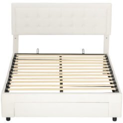 HOMCOM Double Ottoman Bed Frame, with Front Drawer - Cream