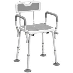 HOMCOM EVA Padded Shower Chair for the Elderly and Disabled, Height Adjustable Shower Stool with Back and Arms, 4 Suction Foot Pads, Light Grey