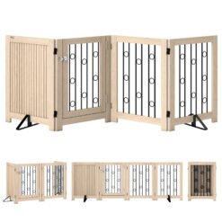 PawHut 4 Panel Freestanding Pet Gate, Indoor Dog Barrier with Lockable Door, Support Feet, 360 Flexible Hinges, Oak