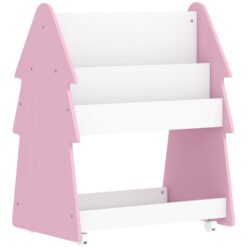AIYAPLAY Kids Bookshelf with Toy Storage, Double-Sided Bookcase with Wheels, 3 Tier Kids Book Rack for Bedroom, Pink
