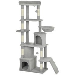 PawHut 170 cm Large Cat Tree, Cat Tower with 7 Scratching Posts, 2 Condos, Hammock, Light Grey
