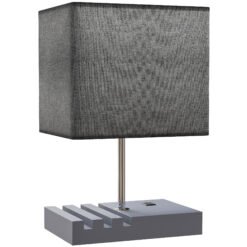 HOMCOM Bedside Lamp with USB A+C Charging Ports and 3 Phone Stands, Modern Table Lamp with Solid Wood Base and Fabric Shade for Bedroom Living Room Office, E27 Socket, Bulb Not Included, Grey