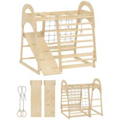 AIYAPLAY 6 in 1 Kids Climbing Frame with Slide, Monkey Bars, Gymnastics Rings, Ladder, Climbing Net, for 3-6 Years, Natural Tone