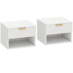HOMCOM Floating Nightstands Set of 2, Modern Wall Mounted Bedside Tables with Fluted Drawer and Open Shelf for Bedroom, White
