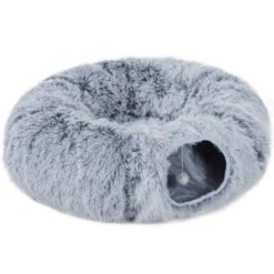 PawHut 2-in-1 Donut Cat Tunnel with Washable Bed, Play Tunnel Bed with Toy Ball and Door Hole for Indoor Cats, Light Grey