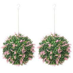 HOMCOM Set of 2 Artificial Plant Topiary Balls, UV-protected Fake Decorative Plants, Pink