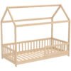 HOMCOM House-Shaped Kids Bed Frame with Guard Rails, Solid Pine Wood Single Bed Frame for Kids Boys and Girls, Natural