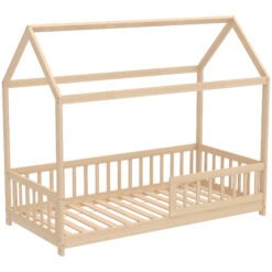 HOMCOM House-Shaped Kids Bed Frame with Guard Rails, Solid Pine Wood Single Bed Frame for Kids Boys and Girls, Natural