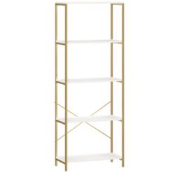 HOMCOM 5-Tier Bookshelf, Modern Bookcase with Metal Frame - White and Gold Tone