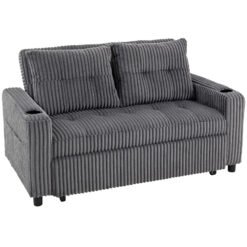 HOMCOM 2 Seater Click Clack Sofa Bed with Pull Out Design, Corduroy Upholstery - Charcoal Grey