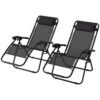 Outsunny Zero Gravity Chair Set of 2, Metal Frame Texteline Armchair Outdoor Folding and Reclining Sun Lounger with Head Pillow for Patio Decking Gardens Camping, Black