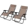 Outsunny Zero Gravity Chair Set of 2, Metal Frame Texteline Armchair Outdoor Folding and Reclining Sun Lounger with Head Pillow for Patio Decking Gardens Camping, Beige
