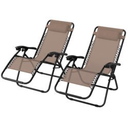 Outsunny Zero Gravity Chair Set of 2, Metal Frame Texteline Armchair Outdoor Folding and Reclining Sun Lounger with Head Pillow for Patio Decking Gardens Camping, Beige