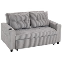 HOMCOM 2 Seater Click Clack Sofa Bed with Pull Out Design, Corduroy Upholstery - Light Grey