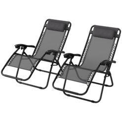 Outsunny Zero Gravity Chair Set of 2, Metal Frame Texteline Armchair Outdoor Folding and Reclining Sun Lounger with Head Pillow for Patio Decking Gardens Camping, Grey