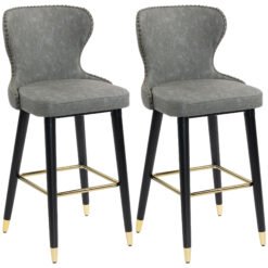 HOMCOM Bar Stools Set of 2, PU Leather Barstools with Back, Footrest and Wood Legs for Kitchen, Counter, Breakfast Bar, Grey
