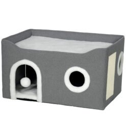 PawHut Cat Bed for Indoor Pets, Foldable Cat House with Fluffy Ball and Scratch Pad for Small and Medium Pets, Grey