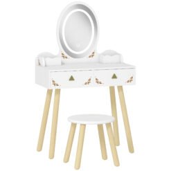 AIYAPLAY Kids Vanity Table and Chair Set with 3-Colour LED Lights Mirror, Drawer, Storage Boxes, for 3+ Years, White