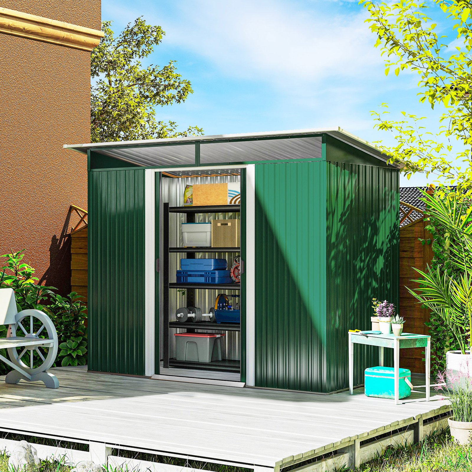 Outsunny 8.5 x 4ft Metal Shed with Lightsky Panels, Garden Storage Tool House with Double Doors for Garden, Patio and Lawn, Green