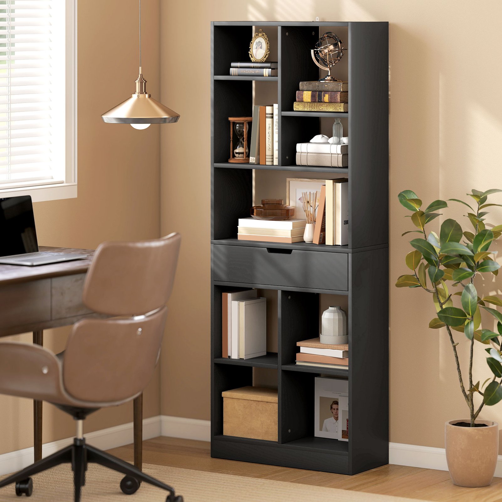 HOMCOM Tall Bookshelf with Drawer, Freestanding Bookcase for Bedroom, Living Room, Home Office, Black