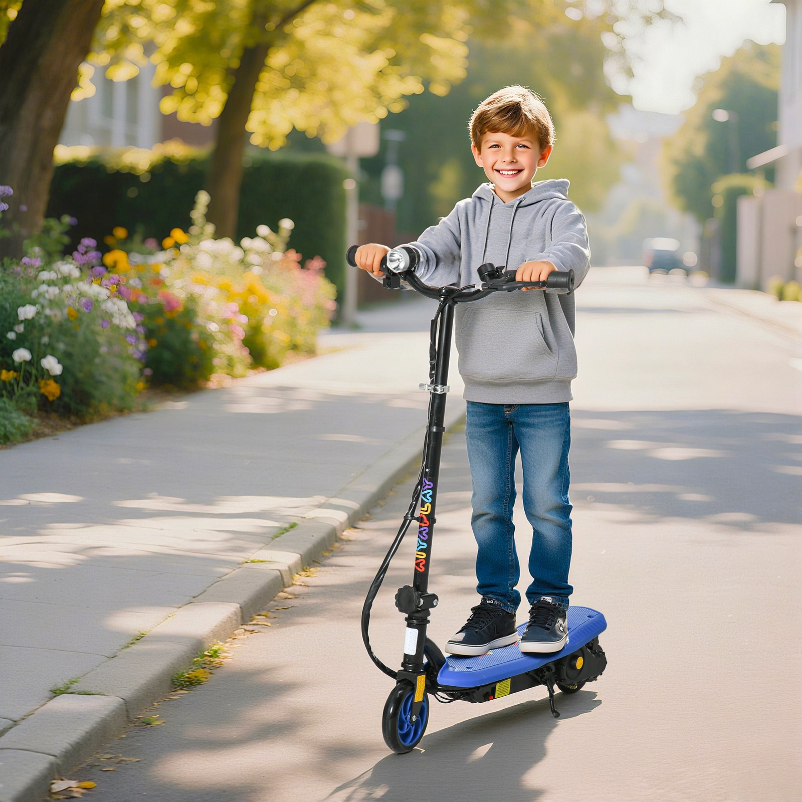 HOMCOM Foldable Electric Scooter, with LED Headlights, for Ages 7-14 Years, Blue