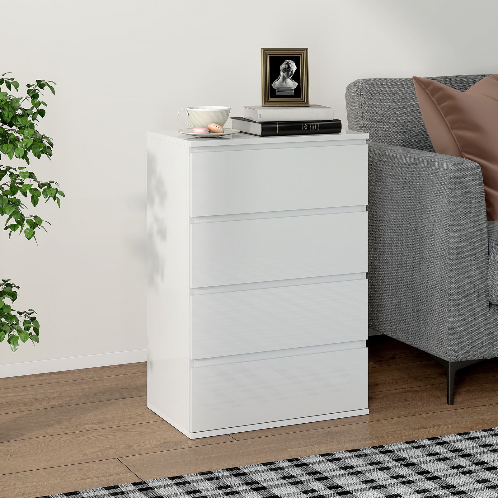 HOMCOM High Gloss Chest of Drawers, 4-Drawer Storage Cabinets, Modern Dresser for Bedroom, White